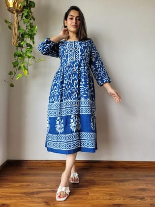 Radiant Blockprinted Cotton Dark Blue Long Dress-36(S)