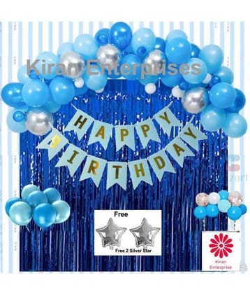 Happy Birthday Banner ( Blue ) + 2 Fringe Curtain ( Blue ) + 30 Metallic Balloon ( Blue, Silver, Sky Blue ) + 2 Star Free ( Silver ) For Birthday Decoration