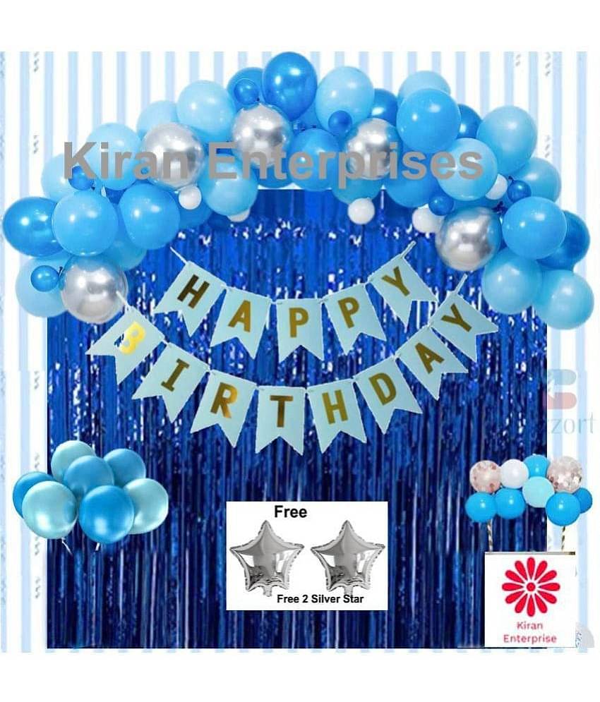 Happy Birthday Banner ( Blue ) + 2 Fringe Curtain ( Blue ) + 30 Metallic Balloon ( Blue, Silver, Sky Blue ) + 2 Star Free ( Silver ) For Birthday Decoration