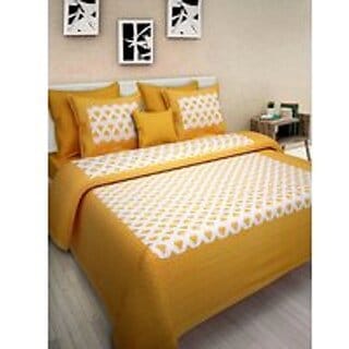 Cotton Print Yellow Double Bed Sheet With 2 Pillow Covers - (82 X 92 Inch)