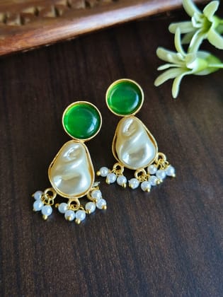 Gold Plated Earring with Pearl and Monalisa Stone | Sarichka-Green