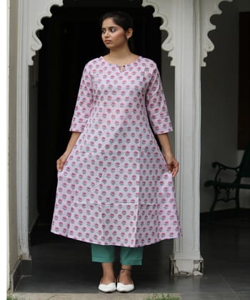 Cream handblock floral buti printed A line cotton kurti