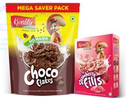 Kwality Choco Flakes 1 Kg Pouch & Strawberry fills 375g Combo Pack2