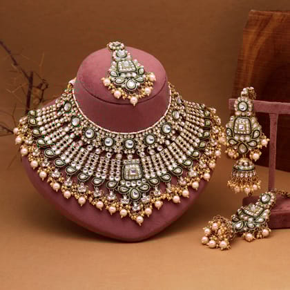 Gold Color Meena Work Kundan Necklace Set (KN1454GLD)-Adjustable Rope / Gold / Alloy With Good Quality Gold Plated