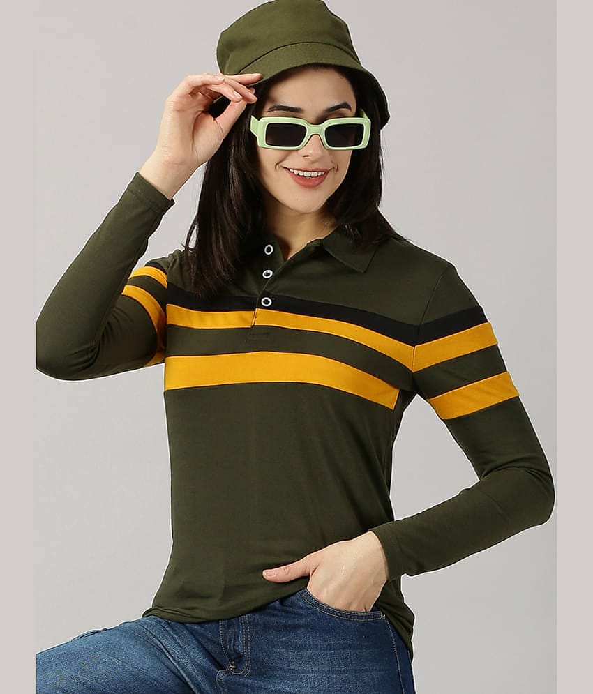 AUSK Women Cotton Blend Colorblock Regular Fit Polo Collar T-Shirt ( Green )