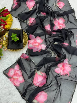 Light & Airy Organza Saree with Intricate Floral Patterns & Designer Finish-Black