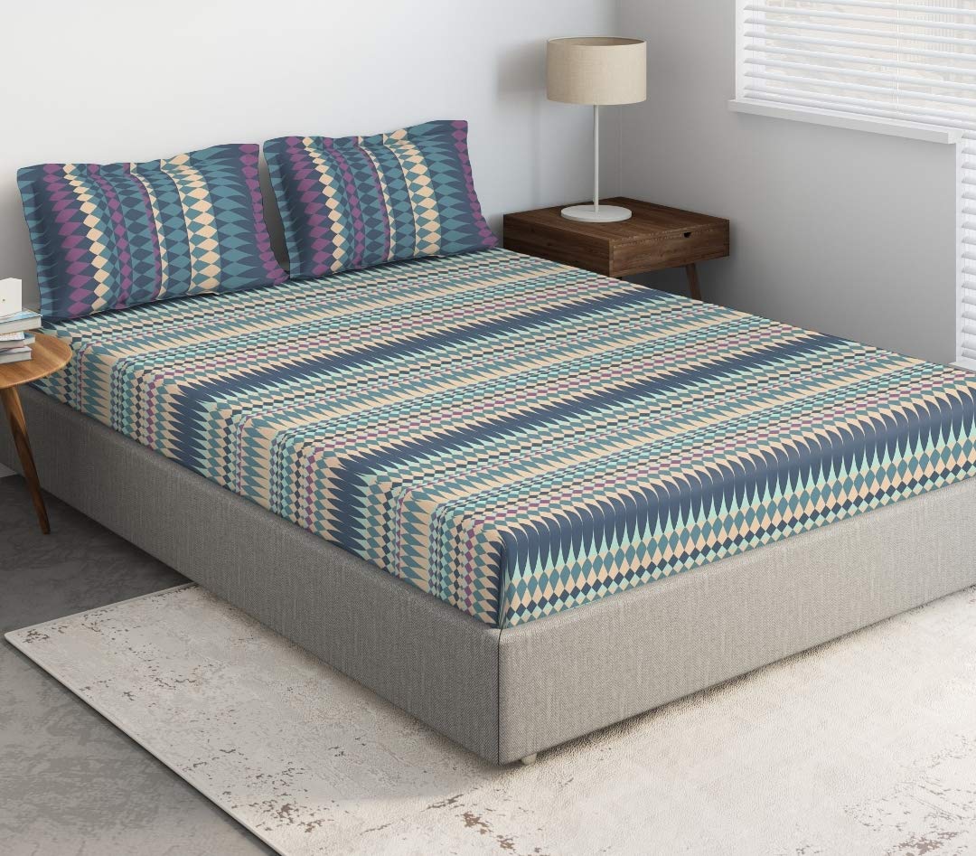 DDECOR - Alpha Collection 100% Cotton Geometric Pattern 136TC King Fitted Sheet|180 CM X 198 CM| - Blue