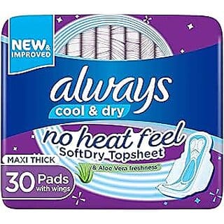 Always Cool  Dry, No Heat Feel, Maxi Thick, Large Sanitary Pads With Wings, 30 Pad Count