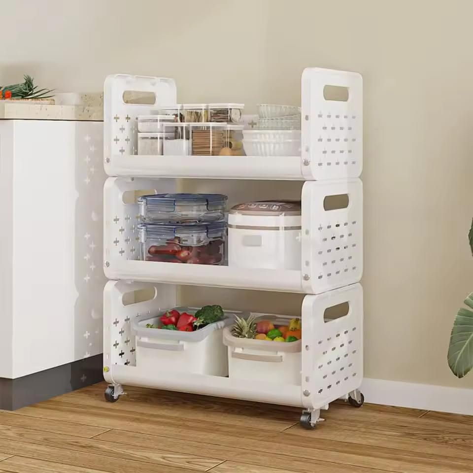 Lukzer 3-Tier White Kitchen Organiser Rack with Wheels, Multipurpose Movable Vegetable Stand, Modular Basket