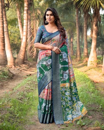 Multicolored Digital Print Tussar Silk Saree with Intricate Zari Border and Elephant Motif Pallu-Regular