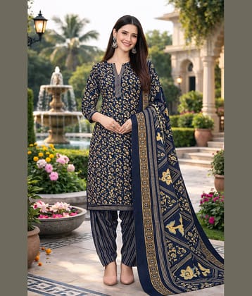 Rajnandini Women Cotton Blend Printed Straight Kurti With Patiala Salwar ( Navy Blue )