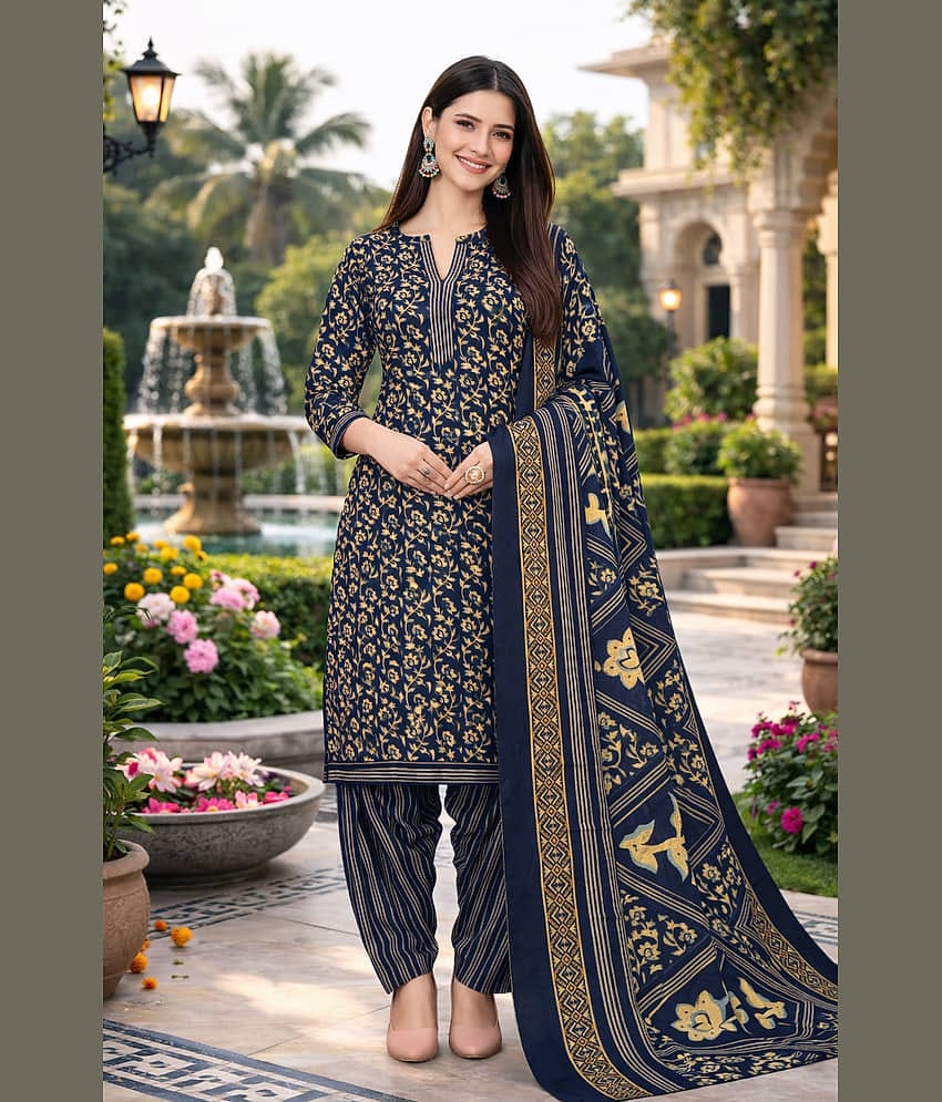 Rajnandini Women Cotton Blend Printed Straight Kurti With Patiala Salwar ( Navy Blue )