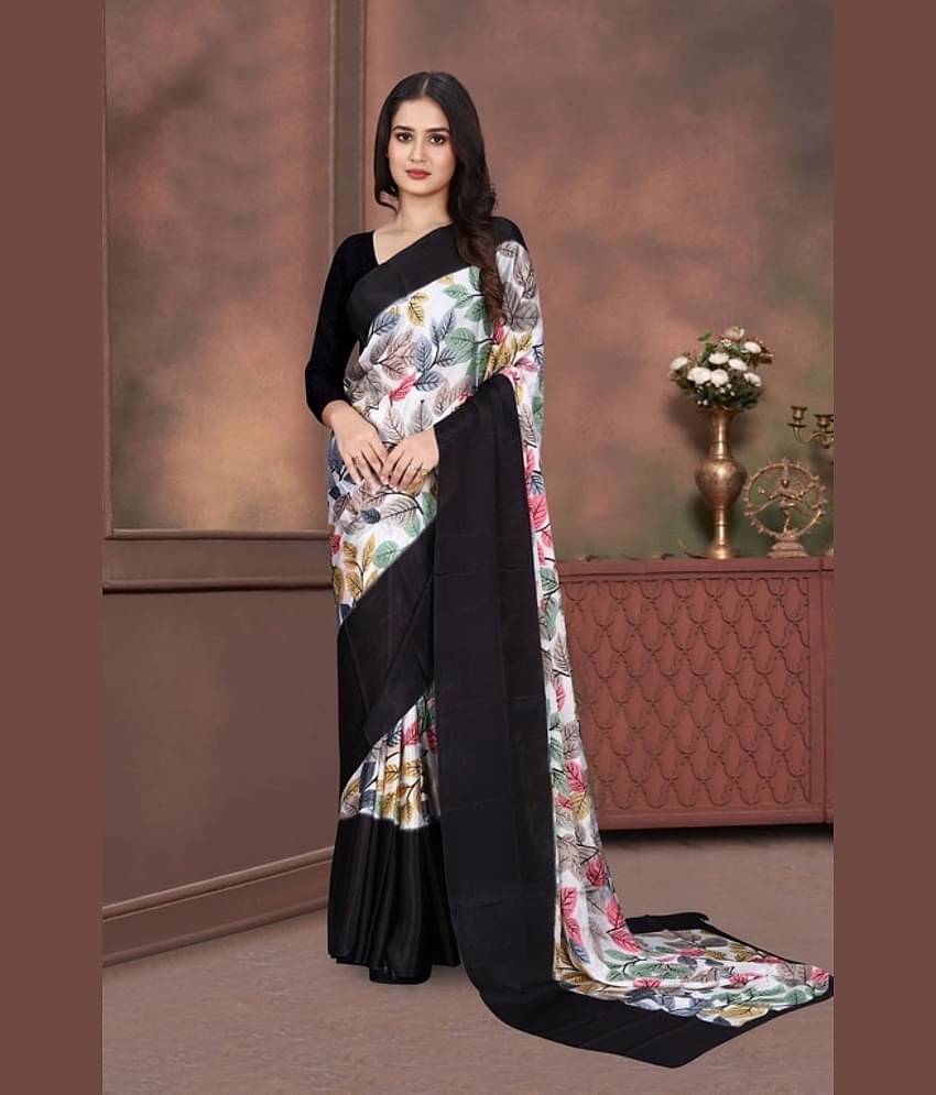 JIHANA FAB Chiffon Printed Saree With Unstitched Blouse Piece ( Multicolor )