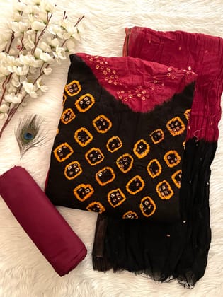 Rayon Dula Contrast Bandhani Dress Material (Unstitched)-Black-Rust