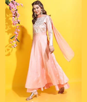 Vishudh Women Polyester Printed A-line Kurti With Pants ( Peach )