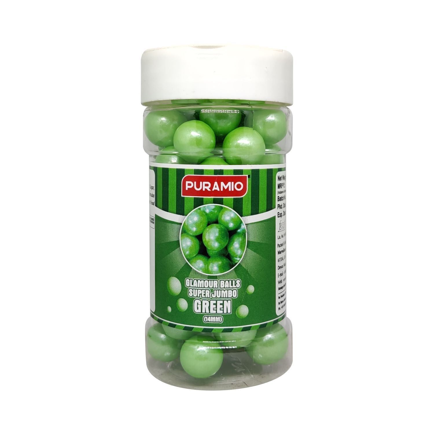 Puramio Glamour Balls Super Jumbo - Green (14mm) For Cake Decoration, 125 gm