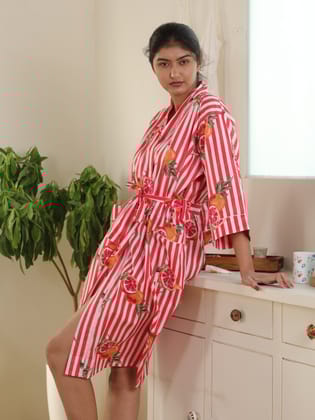 Cotton Kimono Handblock Printed Unisex Bathrobe - Free Size