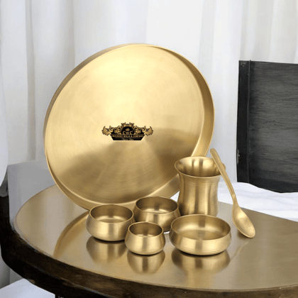 Pure Brass Thali set Curved Matte Finish 7 pcs