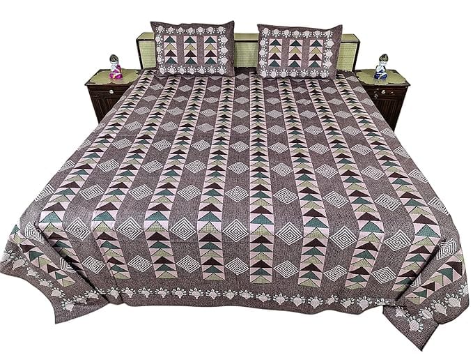 Geometric Pattern Double Bedsheet Set with 2 Pillow Covers, Traditional Jaipuri Design