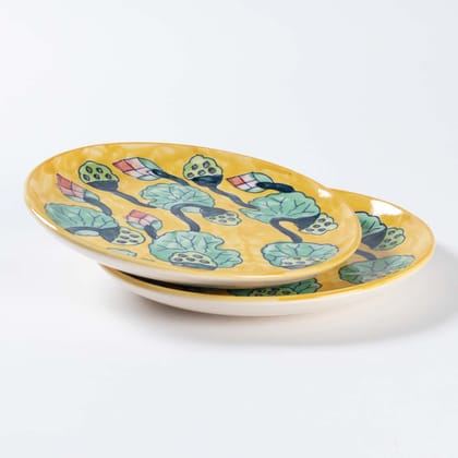 Handpainted Ceramic Breakfast Plate - Set of 2-Yellow / Green / Lead Free Ceramic / 8 Inches
