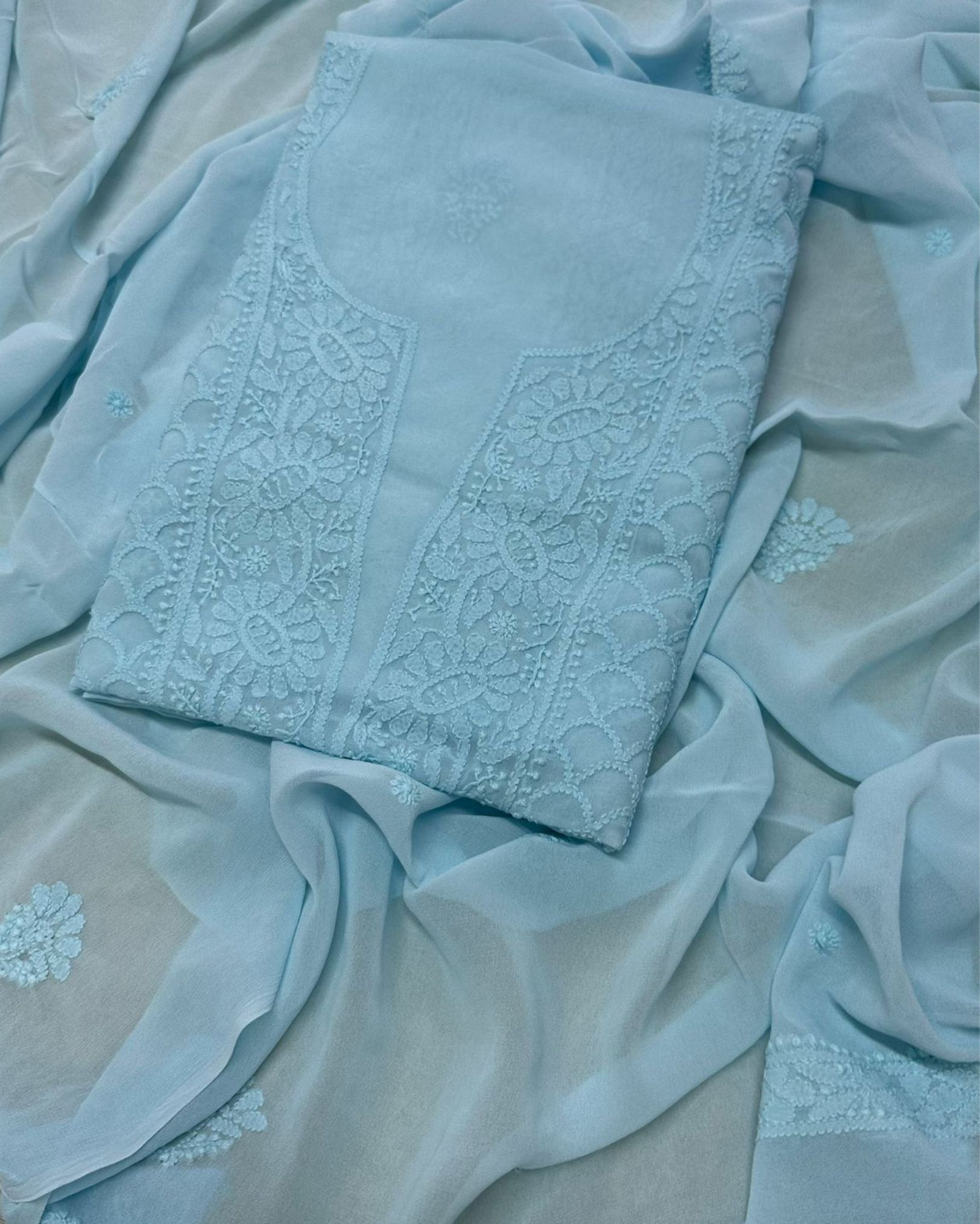 Pure Georgette Kurti Cyan Blue Chikankari Work Dupatta