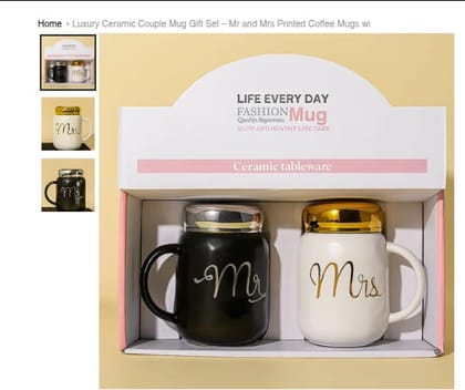 Luxury Ceramic Couple Mug Gift Set – Mr and Mrs Printed Coffee Mugs with Metallic Lids, Elegant Packaging for Anniversary, Wedding, or Valentine’s Gift_assorted colour