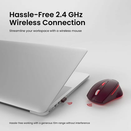 Portronics Toad 32 Wireless Mouse with 6 Buttons, 2.4 GHz Connectivity, 10m Working Range, Ergonomic Design, Adjustable Optical DPI, Auto Power Saving, for Laptop & PC (Red)