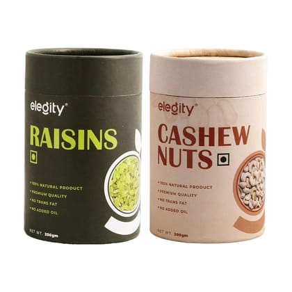 ELEGITY Dry Fruit Combo Pack | W210 Cashew, Seedless Long Green Raisins (200 gm each) | 100% natural | No added preservatives | Nutritious and Delicious Snacks (Pack of 2)