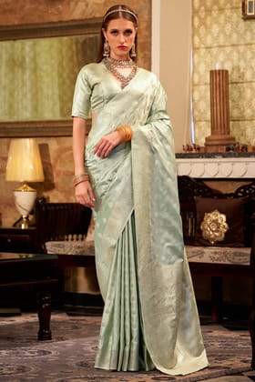 Thistle Green Banarasi Satin Silk Saree