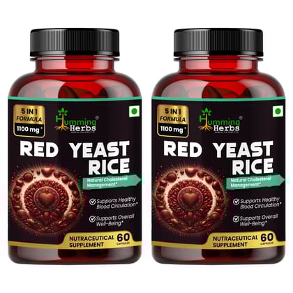 Humming Herbs Red Yeast Rice 500mg - Natural Cholesterol Support with CoQ10, Policosanol & Lycopene - Promotes Heart Health & Blood Circulation - Pack of 2