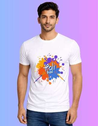 Holi Hai Color Splash Polyester T-Shirt 100 GSM Round Neck White