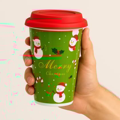 Christmas Ceramic Mug with Red Silicone Lid – 400 ml Coffee & Tea Cup
