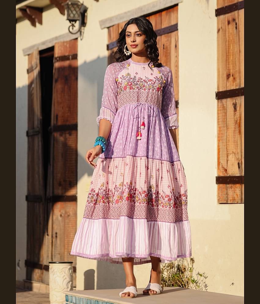 Juniper Cotton Printed Ankle Length Women's Fit & Flare Dress - Purple ( Pack of 1 )