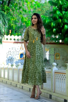 TRADITIONAL BAGRU PRINTBagru Hand Block Printed Cotton One Piece DressAttached Dori with Tussle in Neck Line..