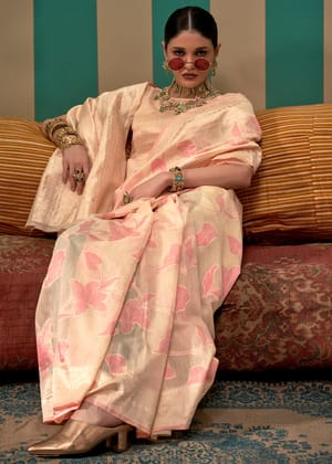 Tropical Peach Woven Linen Banarasi Silk Saree