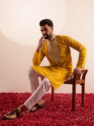 Men's Cotton Silk Neck Embroidered Mustard Kurta with White Pyjama-36