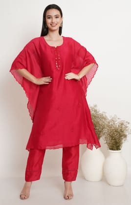 Tonal Embroidery Kaftan Set-XS / Red