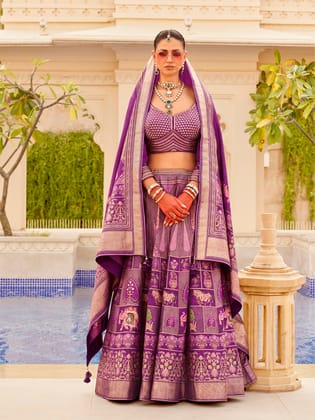 Violet lehenga Set with Printed Coat