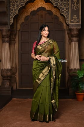 Parampara ~ Handloom Cotton Silk Saree with Golden Border in Mehendi Green