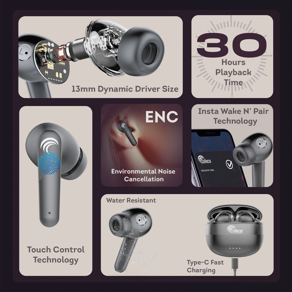 Cellecor BroPods CB03 Waterproof Earbuds With 30 Hours Playtime, Automatic Pairing, ENC Bluetooth-Grey