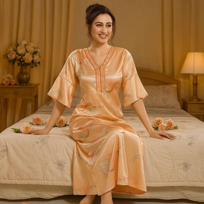 Women’s Premium Peach Satin Nighty – Soft & Smooth Printed Full-Length Nightwear with V-Neck | Lightweight, Breathable & Stylish Sleepwear