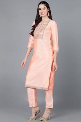 Peach Poly Silk A-Line Kurta Pant With Dupatta PKSKD1475 Peach Poly Silk A-Line Kurta Pant With Dupatta PKSKD1475