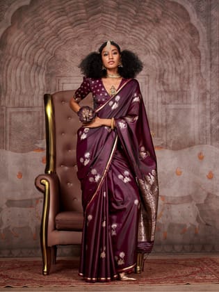 Maroon Pure Satin Silk Zari Brocade Banarasi Weaving Saree