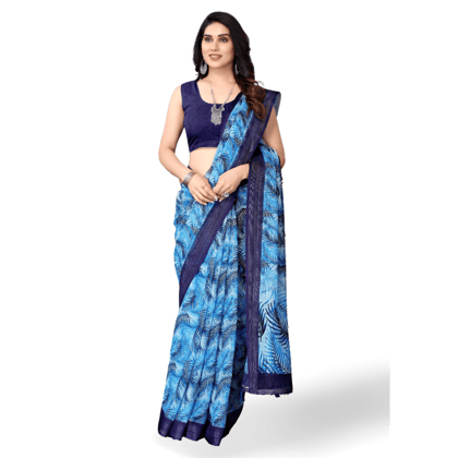 TheHangr Women's Linen Printed Light Blue Saree With Blue Border And Running Pallu