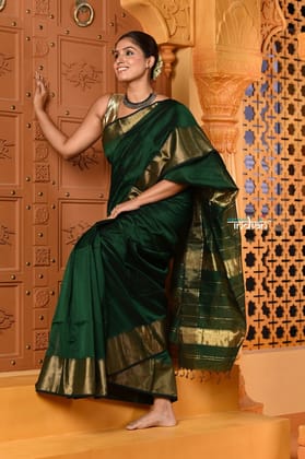 Shubh ~ Handloom Cotton Silk Saree with Golden Border in Exclusive Royal Green