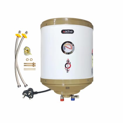 Activa 15L Water Heater Geyser with Temperature Meter, 2 KVA ISI Cooper Element, 0.75mm Anti Rust Coated Tank, ABS Body, BEE 5 Start Rated, Adjustable Thermostat, Free Instalation Kit, 5 Year Warranty Activa 15L Water Heater Geyser with Temperature Meter