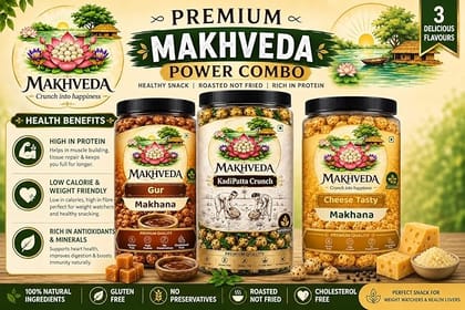 MAKHVEDA - Superfood Power Combo Makhana Roasted Fox Nuts Popped Lotus Seeds Healthy Snack Low Calorie High Protein Gluten Free Crunchy and Delicious Flavours Gud Cheese Kadhi Patta MAKHVEDA - Superfood Power Combo Makhana Roasted Fox Nuts Popped Lotus Seeds Healthy Snack Low Calorie High Protein Gluten Free Crunchy and Delicious Flavours Gud Cheese Kadhi Patta
