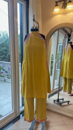 Yellow Cotton Linen Halter neck Kurta Set-XXS