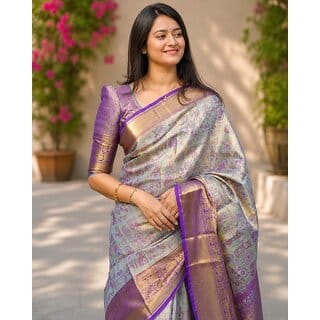 Women's Premium Kanjivaram Silk Saree with Woven Zari Border  Blouse Piece  Pastel Purple Wedding Festive Traditional