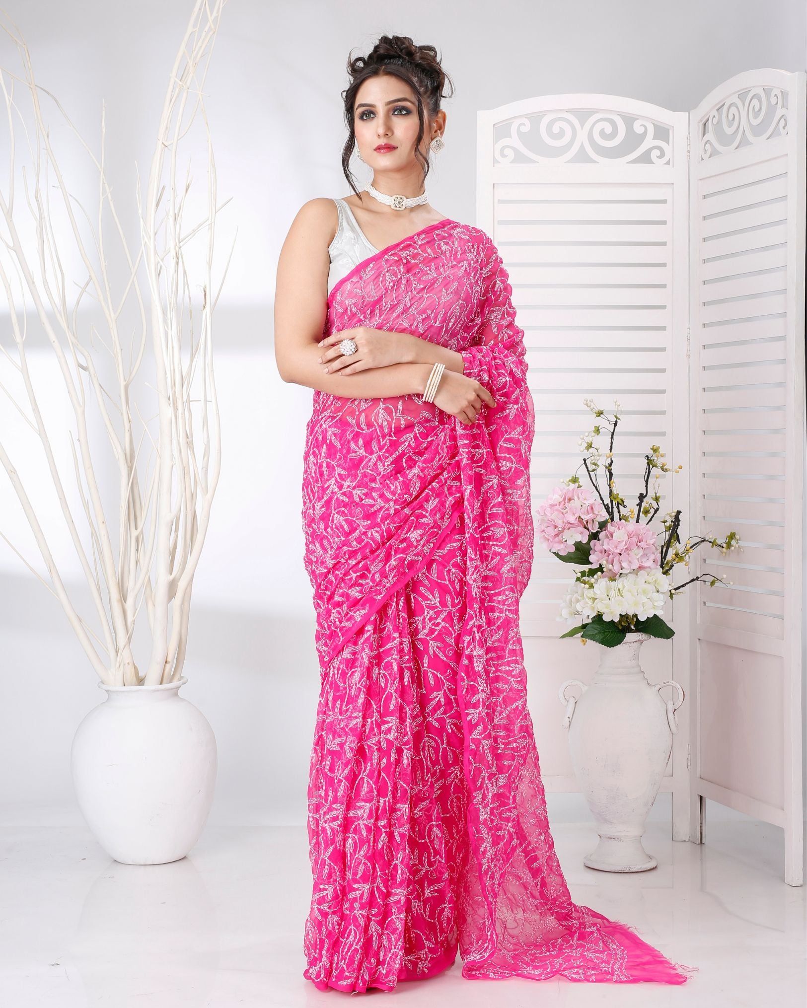 Tepchi Handwork Georgette Saree Dark Pink